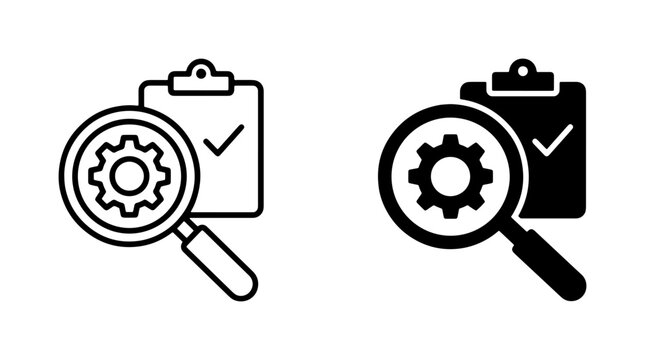 Search Optimization Icons, Magnifying Glass Gear Cog, Clipboard Checklist, Vector Set for Analytics and Strategy