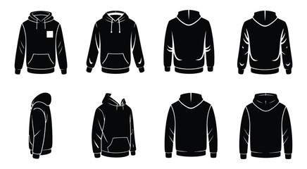 Naklejka premium Black Hoodie Mockup Icons Set with Hooded Sweatshirt Vector Templates, Flat Apparel Design Collection for Fashion Branding and Clothing Presentation