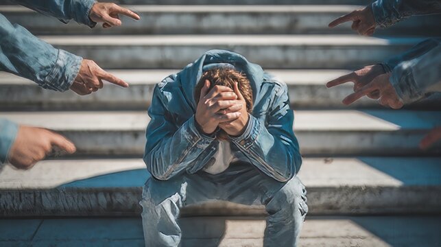 Public shaming, Bullied Man or Public Accusation Concept, social pressure, guilt, and bullying.