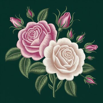 Embroidered pink and white roses with green leaves on dark background