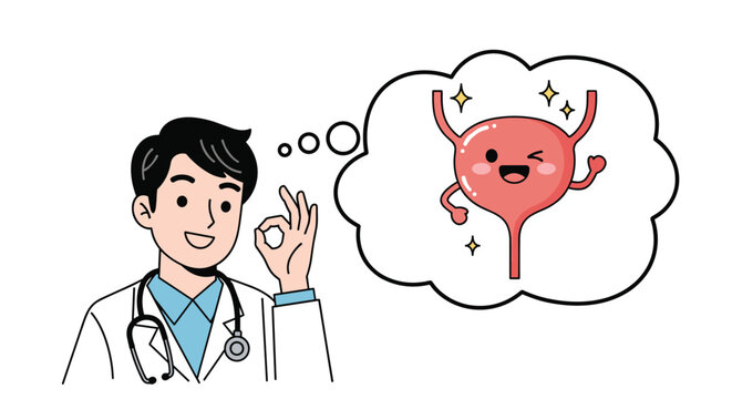 Smiling male doctor giving an okay sign next to a thought bubble with a happy and healthy bladder character for medical care.