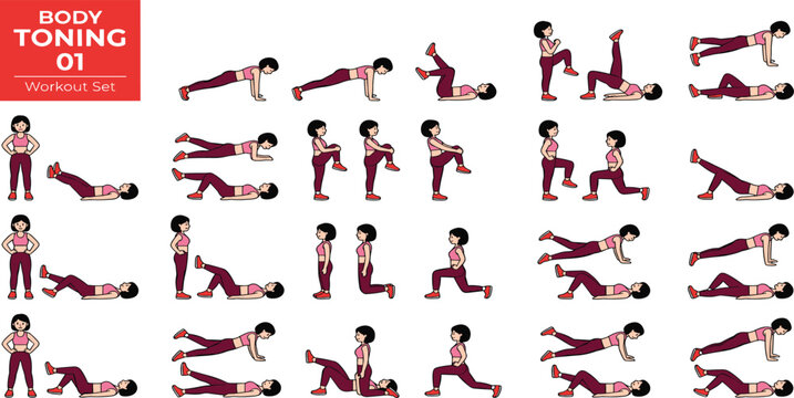 Women Body Toning Workout Exercise Sequence Vector Set Featuring Leg Raises Glute Bridges Lunges and Planks for Female Home Training Fitness Infographics and Wellness Designs