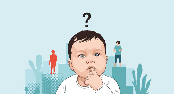 Curious baby looking thoughtful with a question mark above his head while figures of parents are in the background.