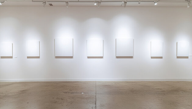 Empty Modern Art Gallery Interior with Blank Canvases on Brightly Lit Wall, Ready for Exhibition