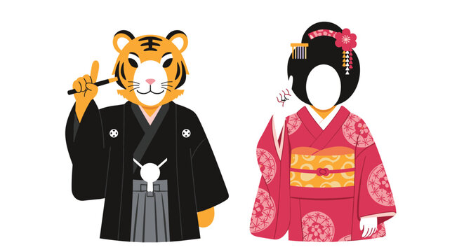 Traditional Japanese tiger and geisha characters feature empty face holes designed for fun photo opportunities.