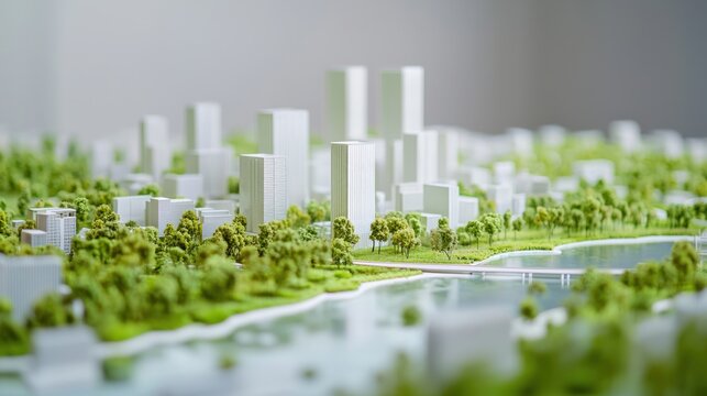A miniature cityscape is displayed on a table, featuring several tall, modern buildings surrounded by lush green trees and a winding river.