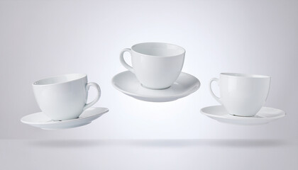 Fototapeta premium Three Pristine White Teacups and Saucers Levitating Gracefully in a Bright, Minimalist Studio Environment
