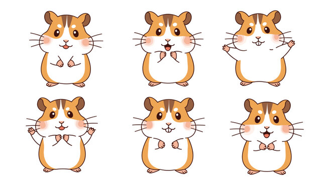 Collection of cute hamster characters in various active poses including standing, waving, and showing excitement.
