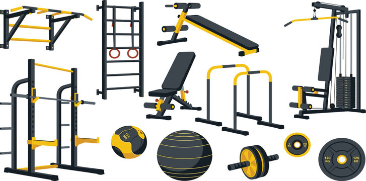 Professional Gym and Fitness Equipment Vector Icon Set Featuring Squat Rack Lat Pulldown Machine Bench Press Pull Up Bar Weight Plates and Ab Roller for Bodybuilding Workout Designs