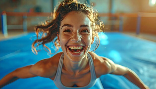 Woman lands on a soft blue mat laughing hysterically while looking up at the bar that stayed up in triumph generative AI