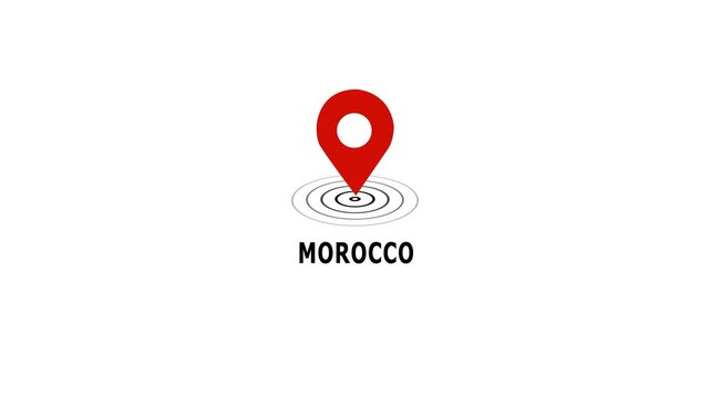 Animated red map location pin pulsing over morocco country name text on clean white background, for travel navigation, global positioning, tourism, marketing, and