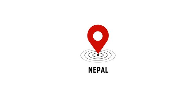 Animated red map location pin pulsing over nepal text label on a clean minimalist white background, for travel navigation, geographic identification, and, global tourism