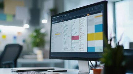 Naklejka premium A computer monitor displays a complex task list with various colored blocks and lines. The monitor sits on a desk in a modern office setting.