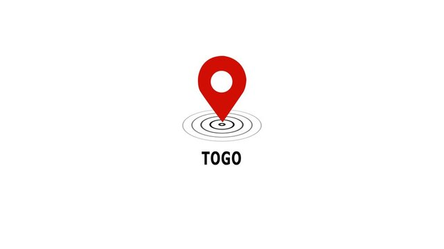 Animated red location pin marker pointing to togo country name on a clean white background, for travel mapping, global logistics, geographic, navigation, and