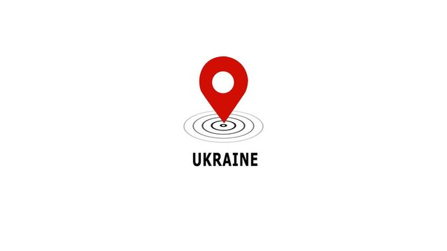 Animated red location pin marker pulsing over ukraine text label isolated on white background, for geolocation mapping, travel navigation, global, news and digital