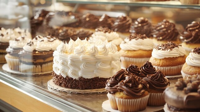 A bakery display case showcases a variety of decadent chocolate cupcakes with creamy white frosting.