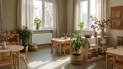 Fototapeta premium Inviting and serene early childhood classroom bathed in natural light, featuring sustainable wooden furnishings and abundant green plants to foster a peaceful learning environment