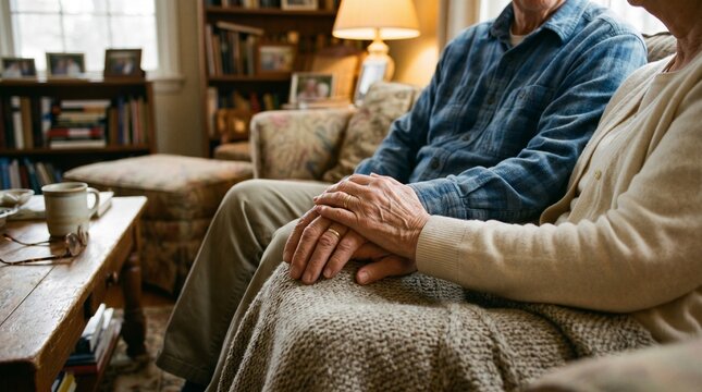 Senior married couple sitting together on a comfortable couch while gently holding hands to express their deep love and long lasting commitment during a quiet afternoon at their cozy home.