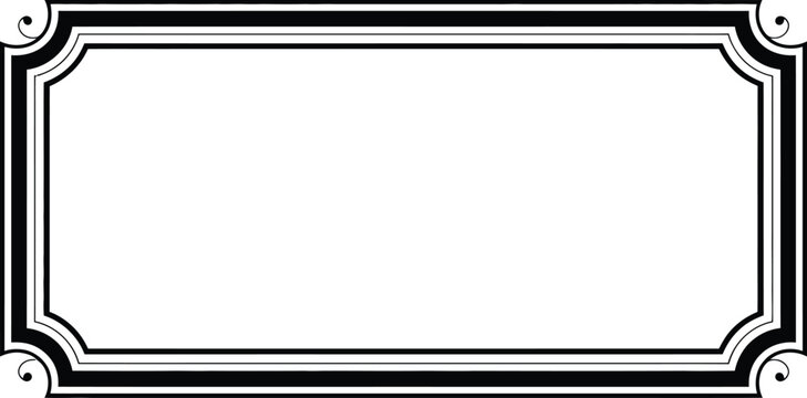 Rectangular black vintage label frame with delicate scroll corner details.