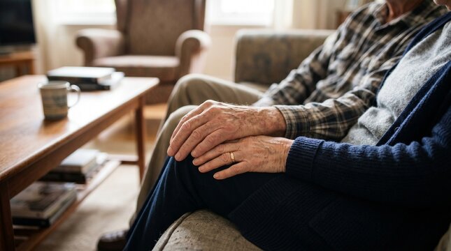 Elderly couple sitting together on a soft couch while gently holding hands to express their deep love and long lasting commitment during a quiet afternoon at home in the living room.