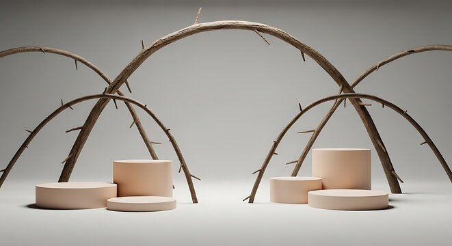 Minimalist Product Display with Wooden Podiums and Branch Arches on White Background.