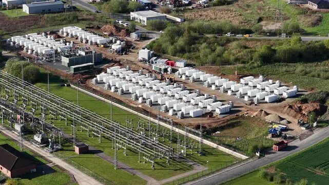 Aerial View of 110 kV Substation with Battery Storage Construction Site &ndash; Renewable Energy Storage, Grid Stabilization and Energy Transition Infrastructure