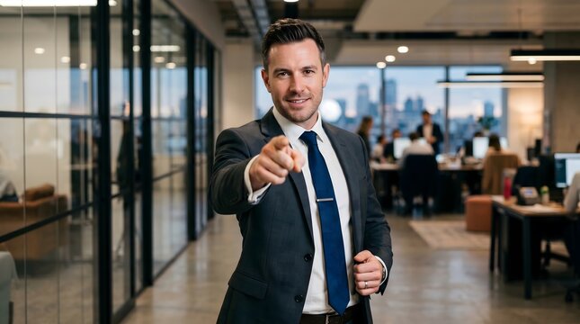 Confident businessman in a suit pointing his finger towards the camera while standing in a modern corporate office hallway during a workday to show leadership and professional recruitment