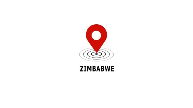 Animated red map location pin pulsing over zimbabwe text label on clean white background, for travel navigation, geographic identification, and, global business