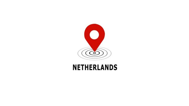Netherlands location pin animation with pulsing radar waves effect on clean white background, for travel mapping, geographic navigation, and, digital tourism marketing