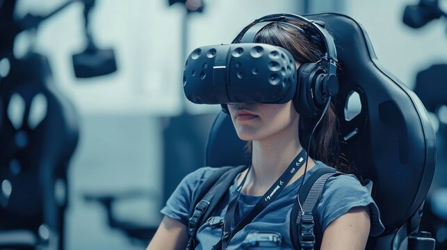 A young woman wears a VR headset and sits in a gaming chair. She is immersed in a virtual reality experience.