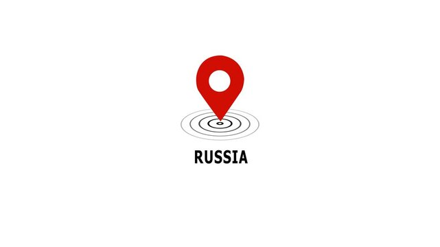 Animated red map location pin pulsing over russia text label on clean white background, for travel navigation, geographic targeting, global, logistics, and international