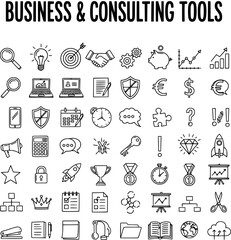 Naklejka premium Business and Consulting Tools Vector Icons Set. Outline Symbols for Corporate Strategy, Finance, Marketing, Management, and Growth Concepts.