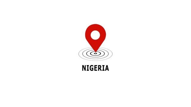 Animated red map pointer pin over nigeria text label with pulsing radar circles for geographic location tracking, travel navigation, global business mapping, and