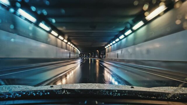 Point of view driving a car through a futuristic tunnel at night in the rain. Wet road reflecting purple and blue neon lights. Urban transportation and city life concept