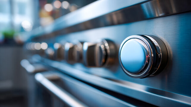 Modern stainless steel kitchen stove knobs in a row with reflective surfaces highlighting sleek and clean appliance design in a home setting