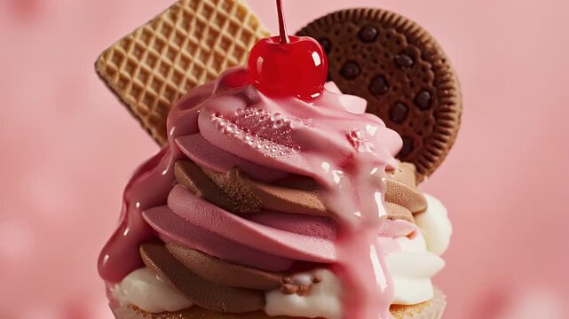 A tall stack of pastel ice cream scoops topped with a cherry, accompanied by a wafer and a chocolate cookie against a pink background