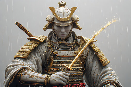 Warrior's Serenity: A stoic samurai stands resolute amidst a gentle downpour, his gaze fixed, embodying discipline, and unwavering focus.