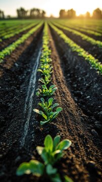 Rows of young green plants sprouting in rich soil of a vast agricultural field illuminated by warm golden sunlight at sunrise or sunset in the countryside