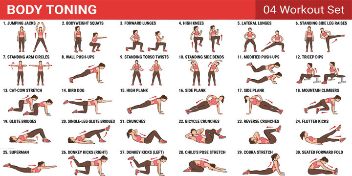 Comprehensive Women Body Toning Workout Set 04 Featuring Thirty Bodyweight Exercises and Stretches for Home Fitness Training Infographics and Wellness Graphic Designs