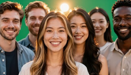 Fototapeta premium A group of smiling individuals stands together in front of a green backdrop. The man, woman, and others radiate positivity in the sunlight.