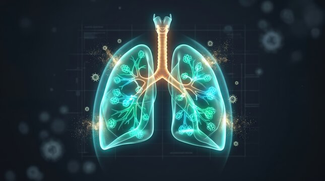 A glowing lungs with protective aura dissolving airborne virus particles, cold and flu symptoms
