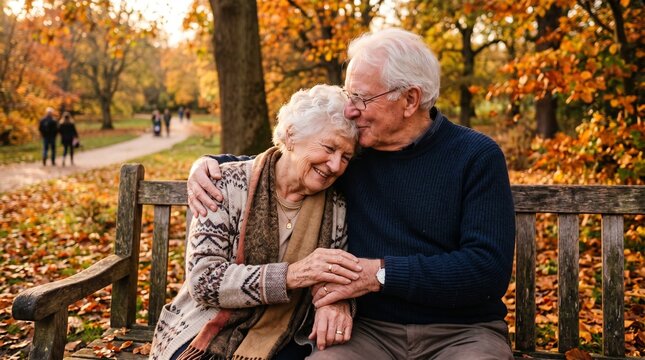 Elderly couple sitting together on a wooden park bench while sharing a tender moment of affection during a beautiful autumn afternoon surrounded by vibrant fallen leaves and golden seasonal colors