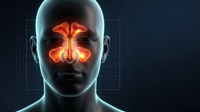 A glowing sinus pressure inside a transparent head with soothing mist, cold and flu symptoms