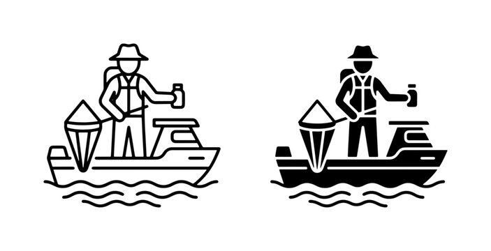 Fishing Boat Icon Set: Angler, Net, and Tackle Box Vector Graphics for Outdoor Recreation