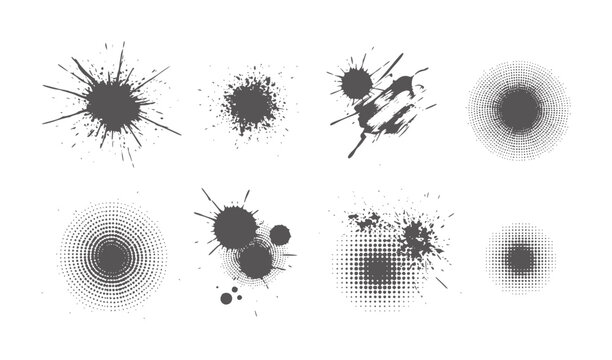 Collection of dark grey ink splatters and halftone circles white paint splash drop