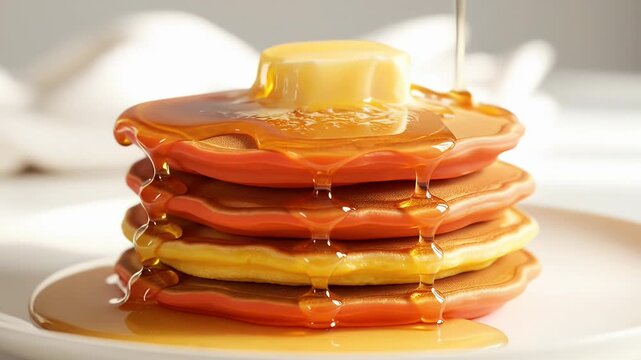 An appetizing, towering stack of fluffy pancakes drenched in maple syrup with butter on top