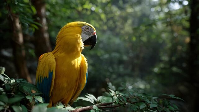 Colorful macaw parrot perched on lush tropical tree branches in vibrant forest