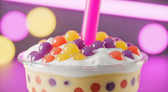 Boba tea with colorful boba pearls and whipped cream