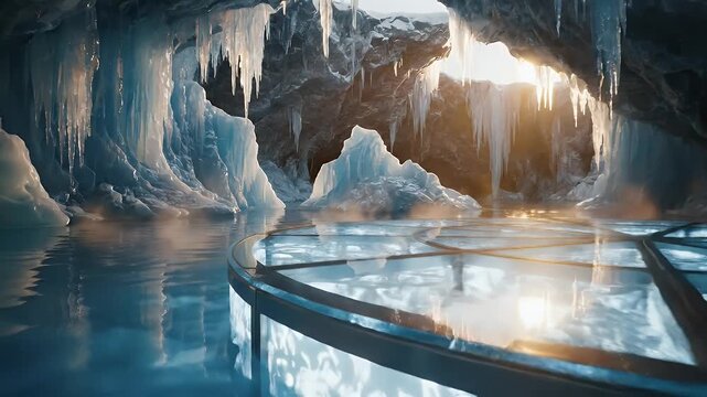 An ethereal blue ice cave with a sunlit glacier opening casting a warm glow on shimmering water