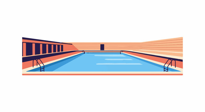 Stylized open-air swimming pool with orange-toned tiered seating
